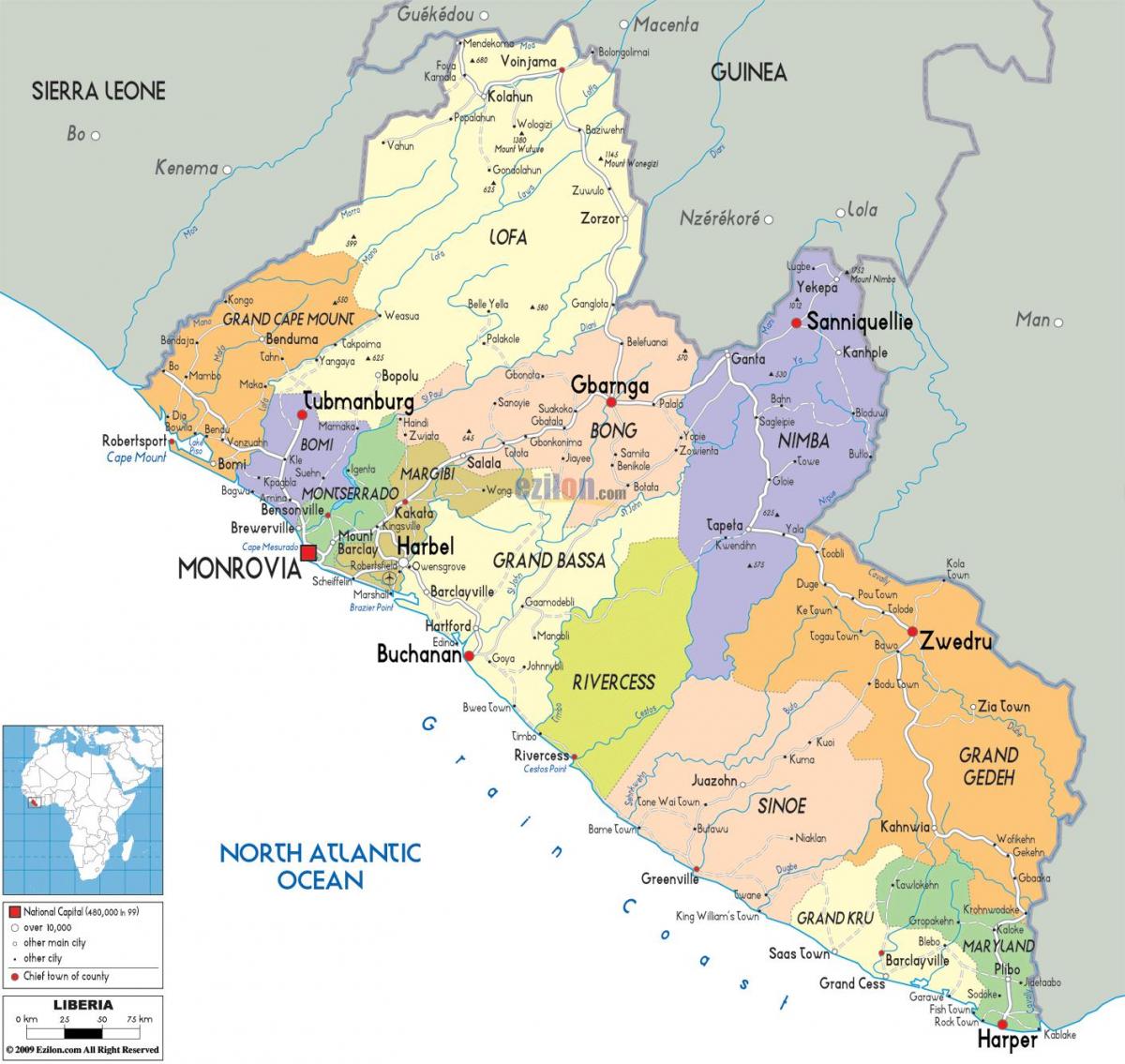 карта краіны Ліберыя 