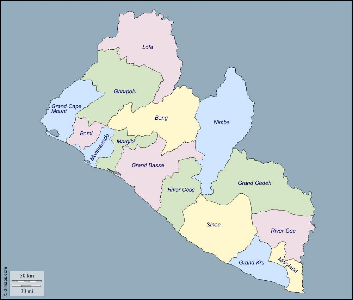 карта графстваў Ліберыі 